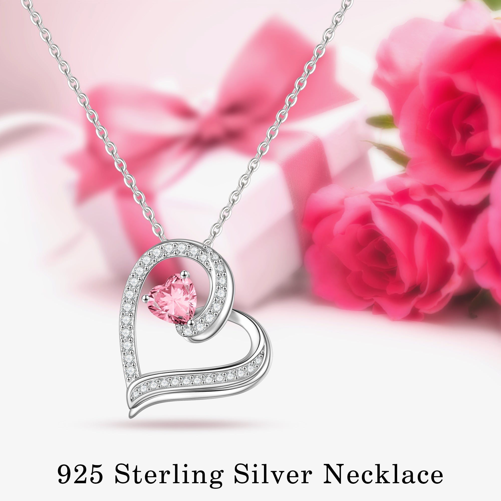 Romavan brand, Right-Skewed Heart Birthstone Necklace, colored cubic zirconia pendant necklace, for January to December