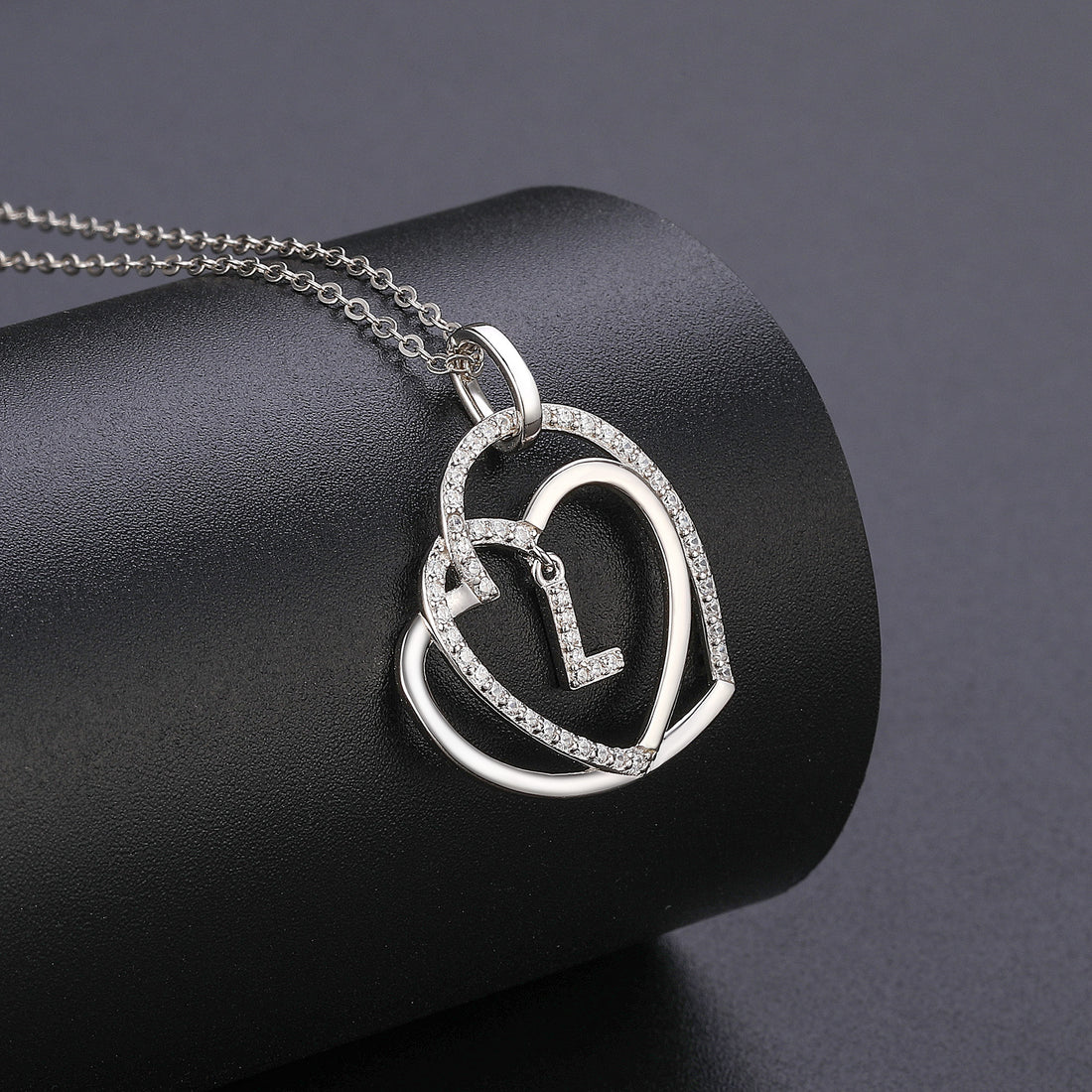 Silvery, Double Hearted Zircon Initial Pendant Necklace, Women's Jewelry, Gift for Girls;