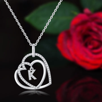 Silvery, Double Hearted Zircon Initial Pendant Necklace, Women's Jewelry, Gift for Girls;