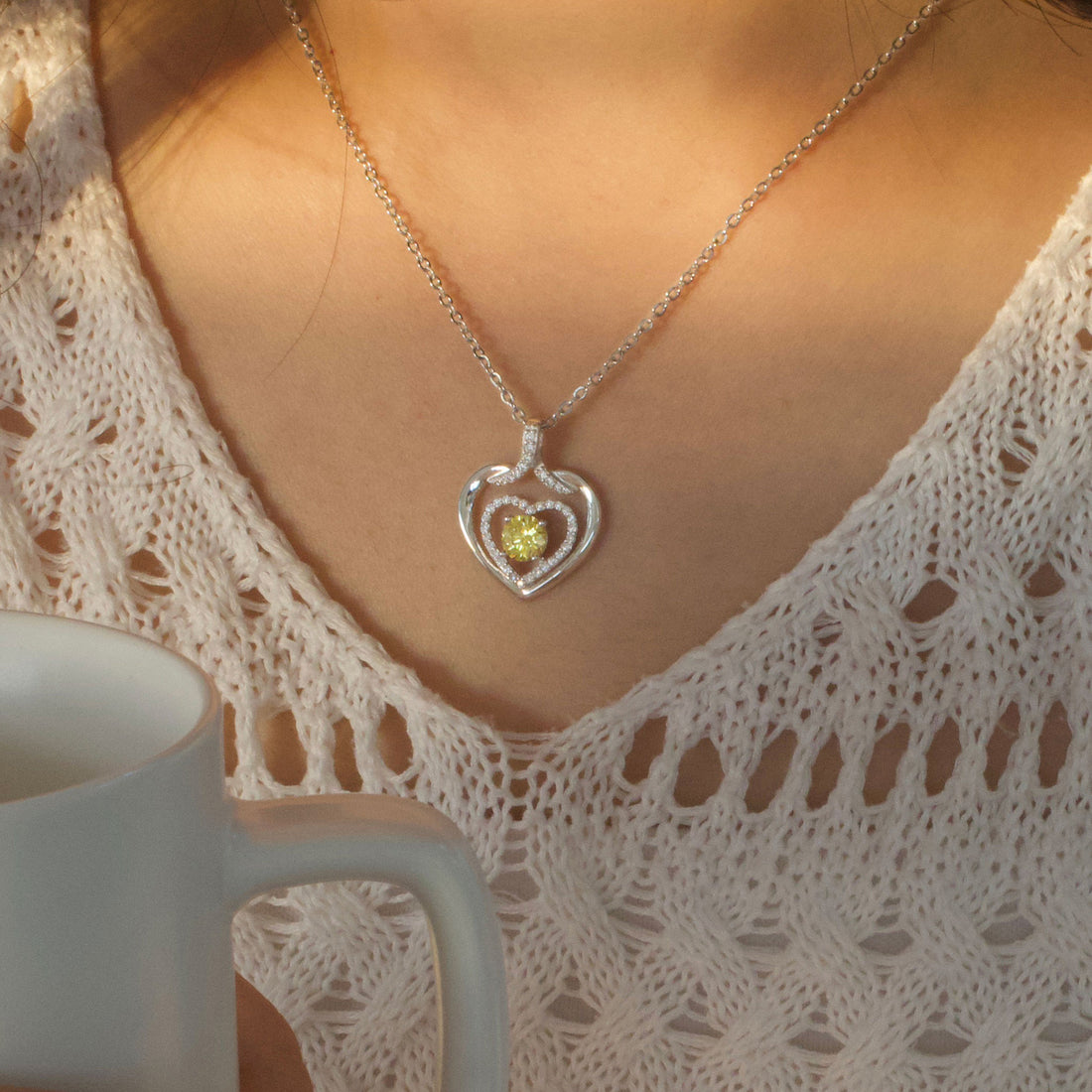 Silvery, twin heart birthstone necklace, S925 silver plated birthstone necklace, suitable for teenage girls, birthday jewelry gift;