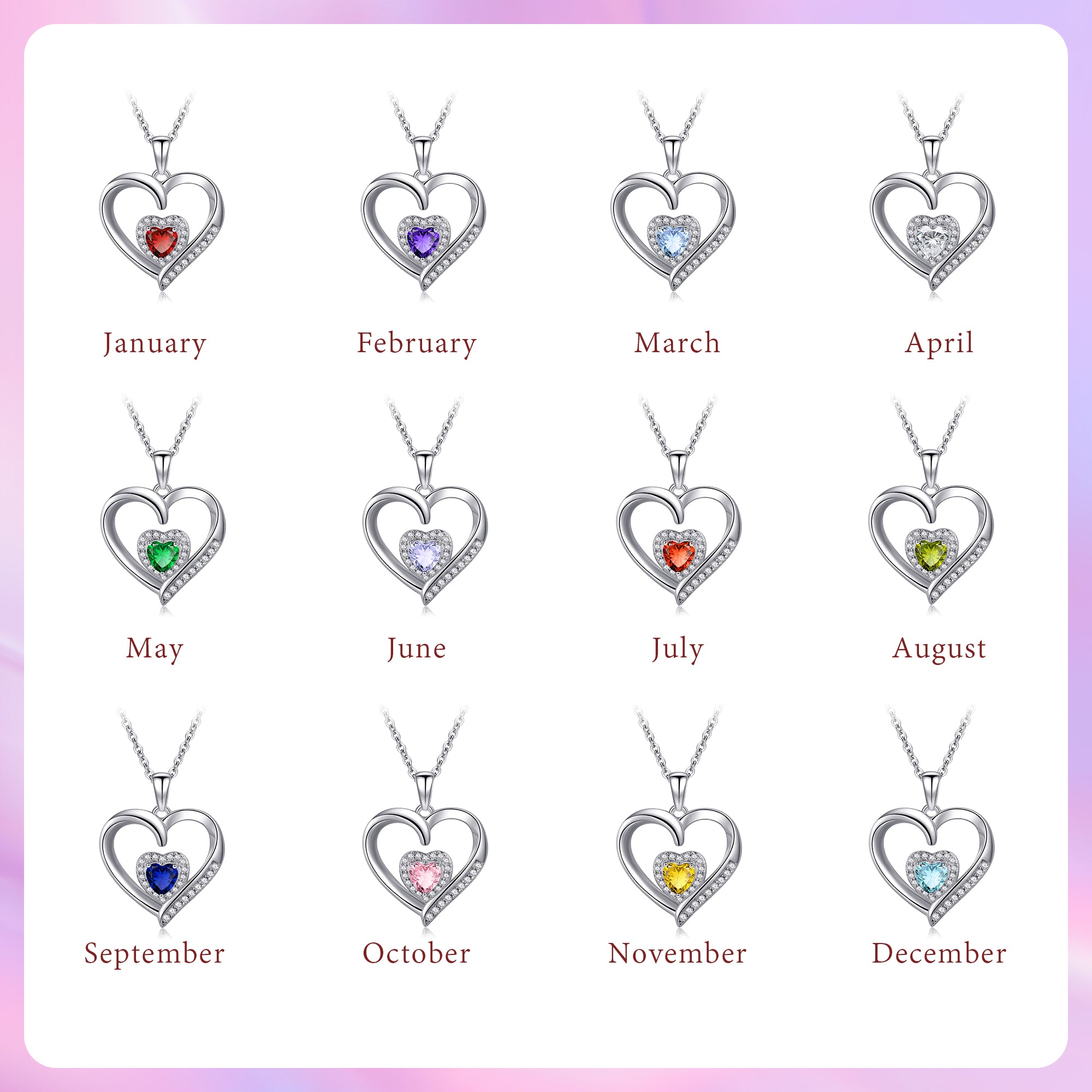Silvery, women's heart-shaped birthstone necklace, S925 silver plated birthstone necklace, suitable for teenagers and girls, birthday jewelry gift;
