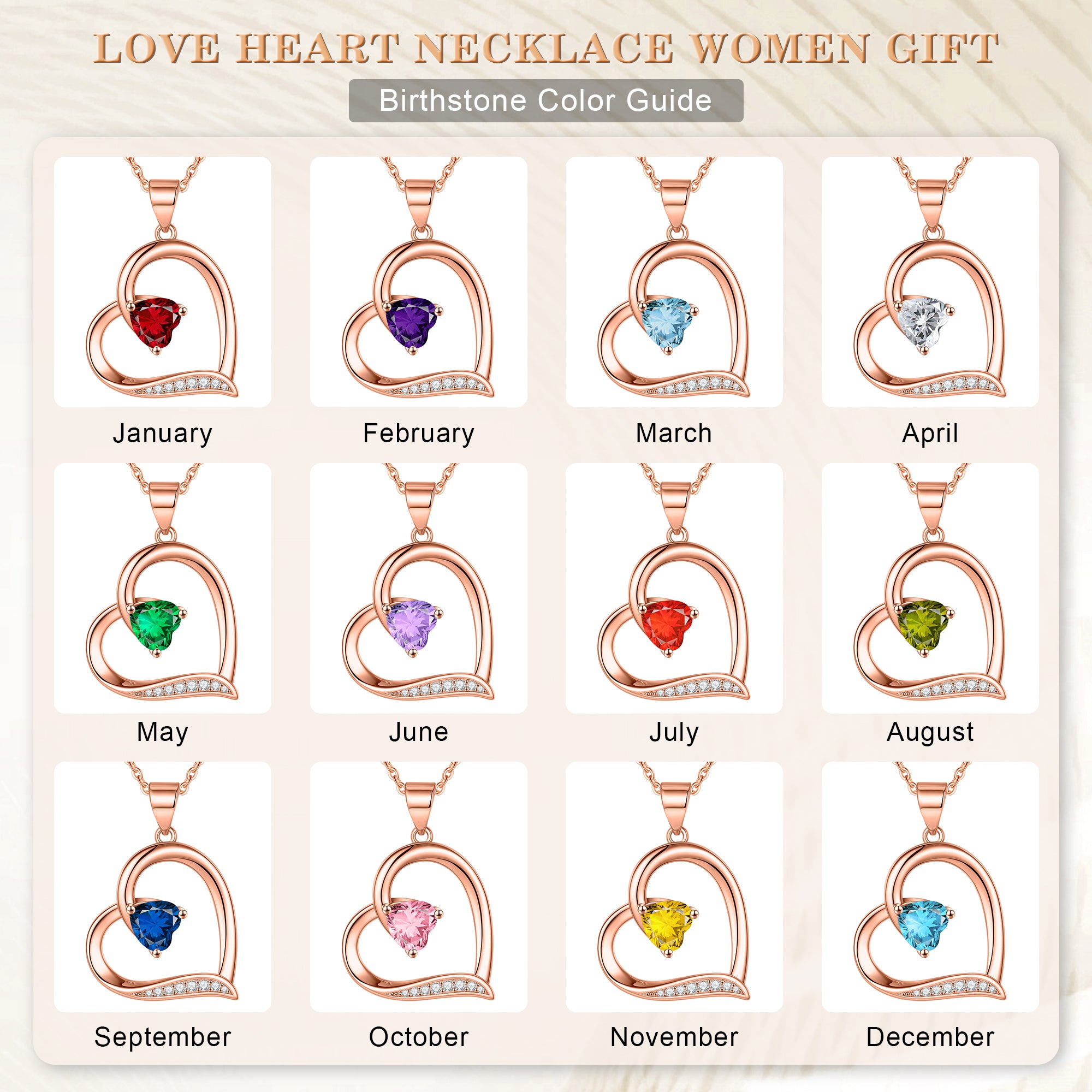 Rose golden, Love Heart birthstone necklace, zircon pendant necklace with the first letter, ladies' jewelry, a gift for girls;