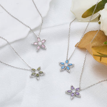 Silvery, flower birthstone necklace, S925 silver plated birthstone necklace, suitable for teenage girls, birthday jewelry gift;