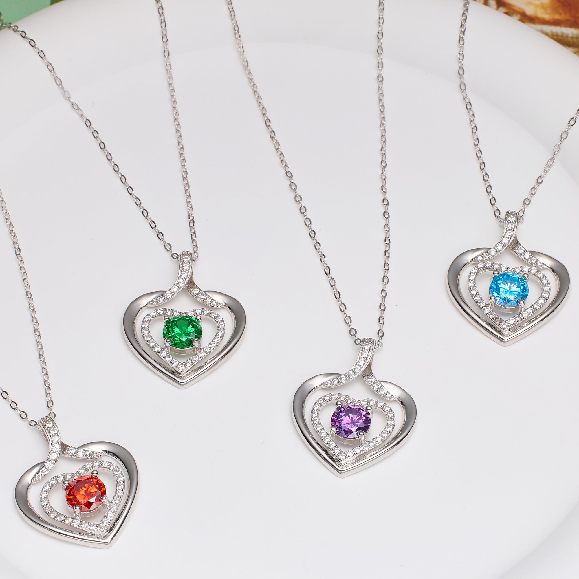 Silvery, twin heart birthstone necklace, S925 silver plated birthstone necklace, suitable for teenage girls, birthday jewelry gift;