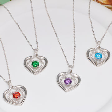 Silvery, twin heart birthstone necklace, S925 silver plated birthstone necklace, suitable for teenage girls, birthday jewelry gift;