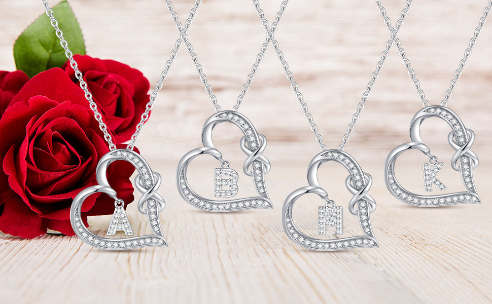 Silvery, heart-shaped double knot zircon pendant necklace with the first letter, women's jewelry, a gift for girls;