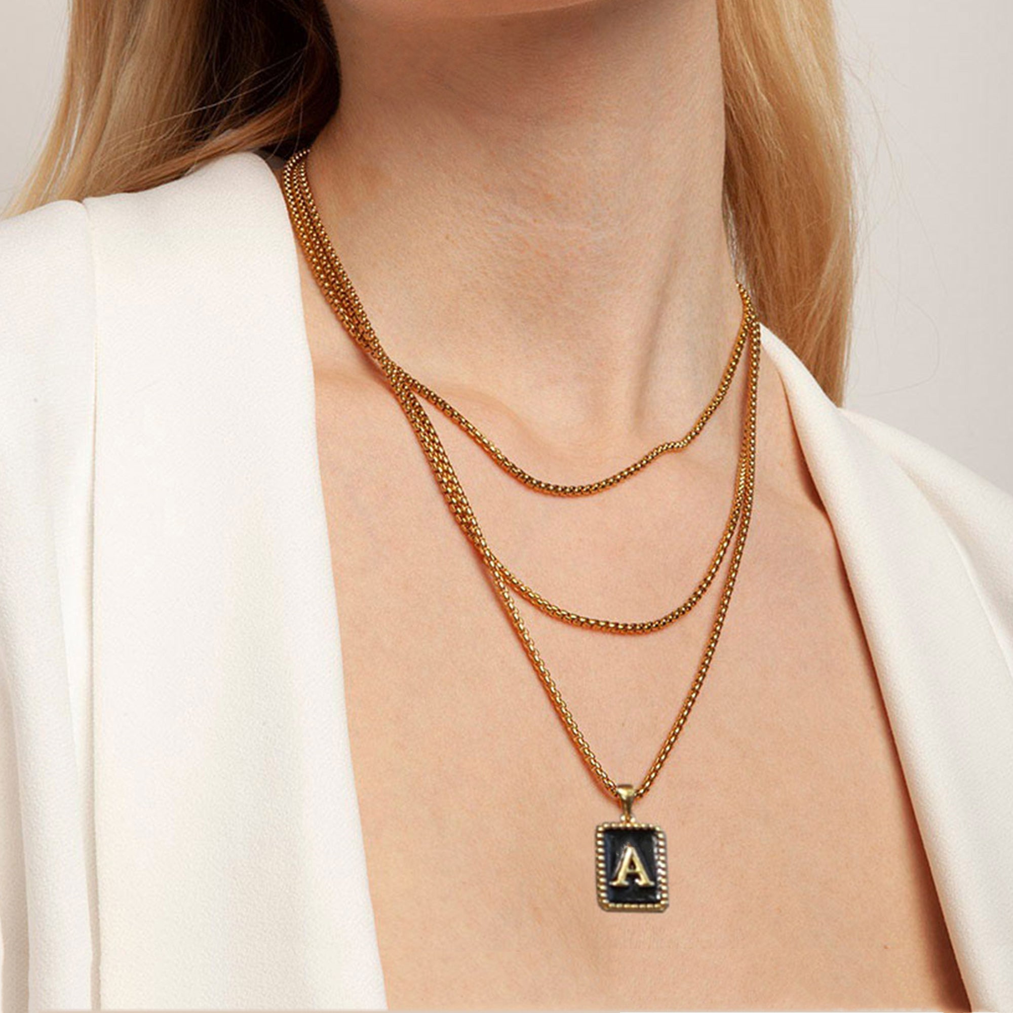 Black/Golden/Silvery Necklace, Initial Letter Pendant Necklace, Gun Black Plated/925 Silver Plated/18K Gold Plated, 2.5mm Box Chain Necklace, 20 inch Initial Letter Pendant Necklace, Unisex;