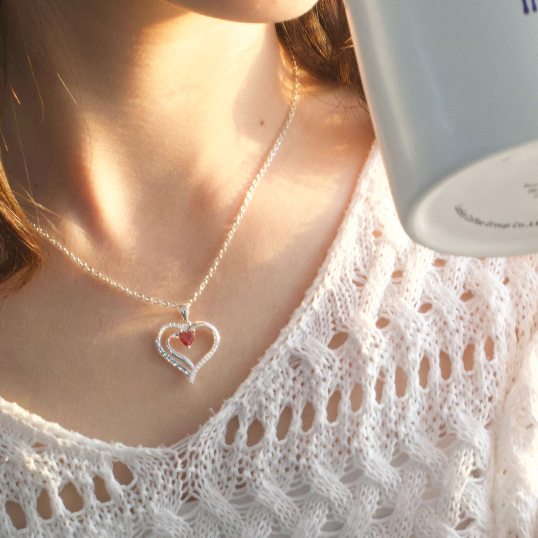 Silvery, double-sided heart-shaped birthstone necklace, S925 silver plated birthstone necklace, suitable for teenage girls, birthday jewelry gift;