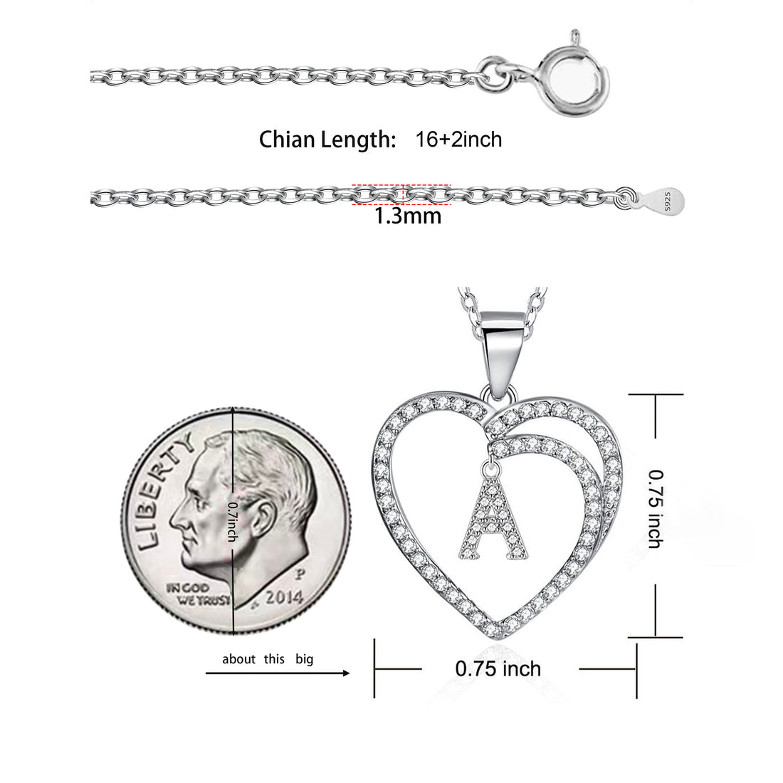 Silvery, double-sided heart-shaped first letter necklace, S925 silver plated necklace, zircon pendant necklace, suitable jewelry gift for girls;