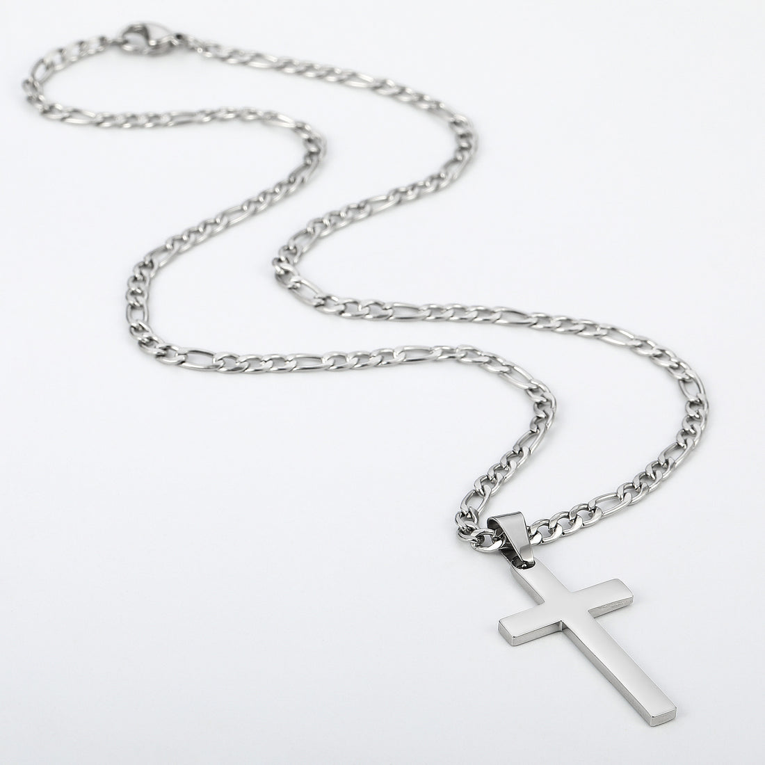 Silvery, stainless steel men's Figaro cross necklace, 2.5mm three to one cross pendant necklace, 16-24 inches