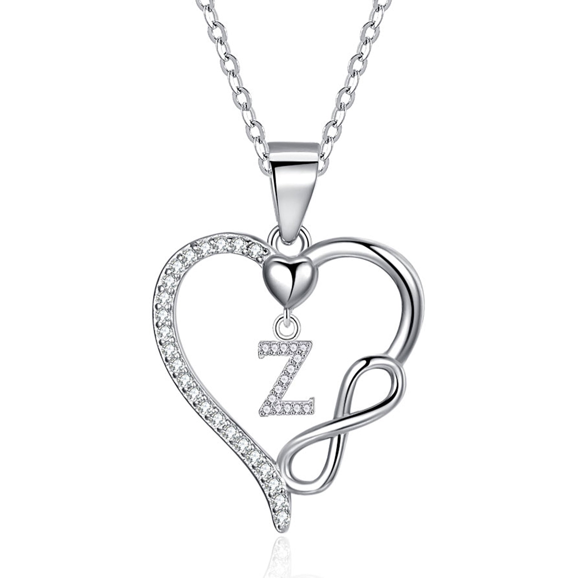 Silvery necklace, heart-shaped pendant with first letter necklace, 925 silver plated zircon pendant necklace, women's jewelry gift, Valentine's Day gift for women's wives and girls